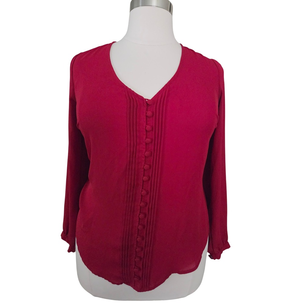 Torrid Red Pintuck Button Front Georgette Blouse Long Sleeve V-Neck Plus Size 00